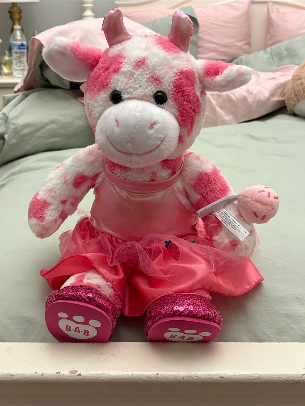 Build-A-Bear Pink & White Cow in Pink Tutu Dress with beating heart in chest